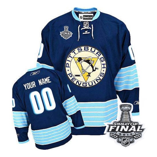 Men's Reebok Pittsburgh Penguins Customized Premier Navy Blue Third Vintage 2016 Stanley Cup Final Bound NHL Jersey