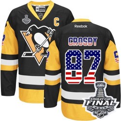 Men's Reebok Pittsburgh Penguins 87 Sidney Crosby Authentic Black/Gold USA Flag Fashion 2016 Stanley Cup Final Bound NHL Jersey